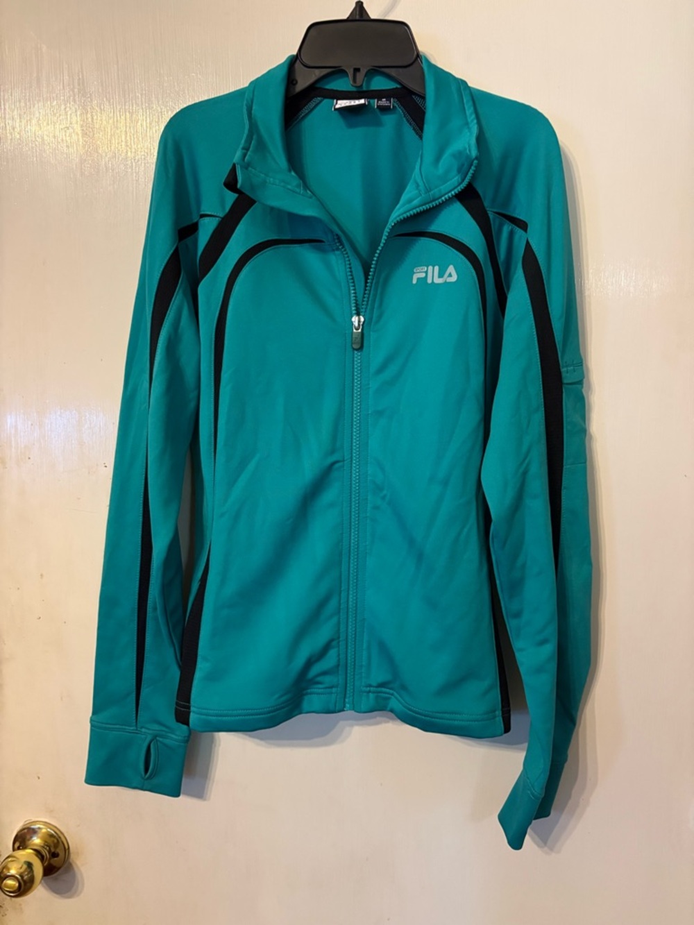 FILA Teal Athletic Zip Jacket with Black Trim and Thumb holes in sleeve Size Med